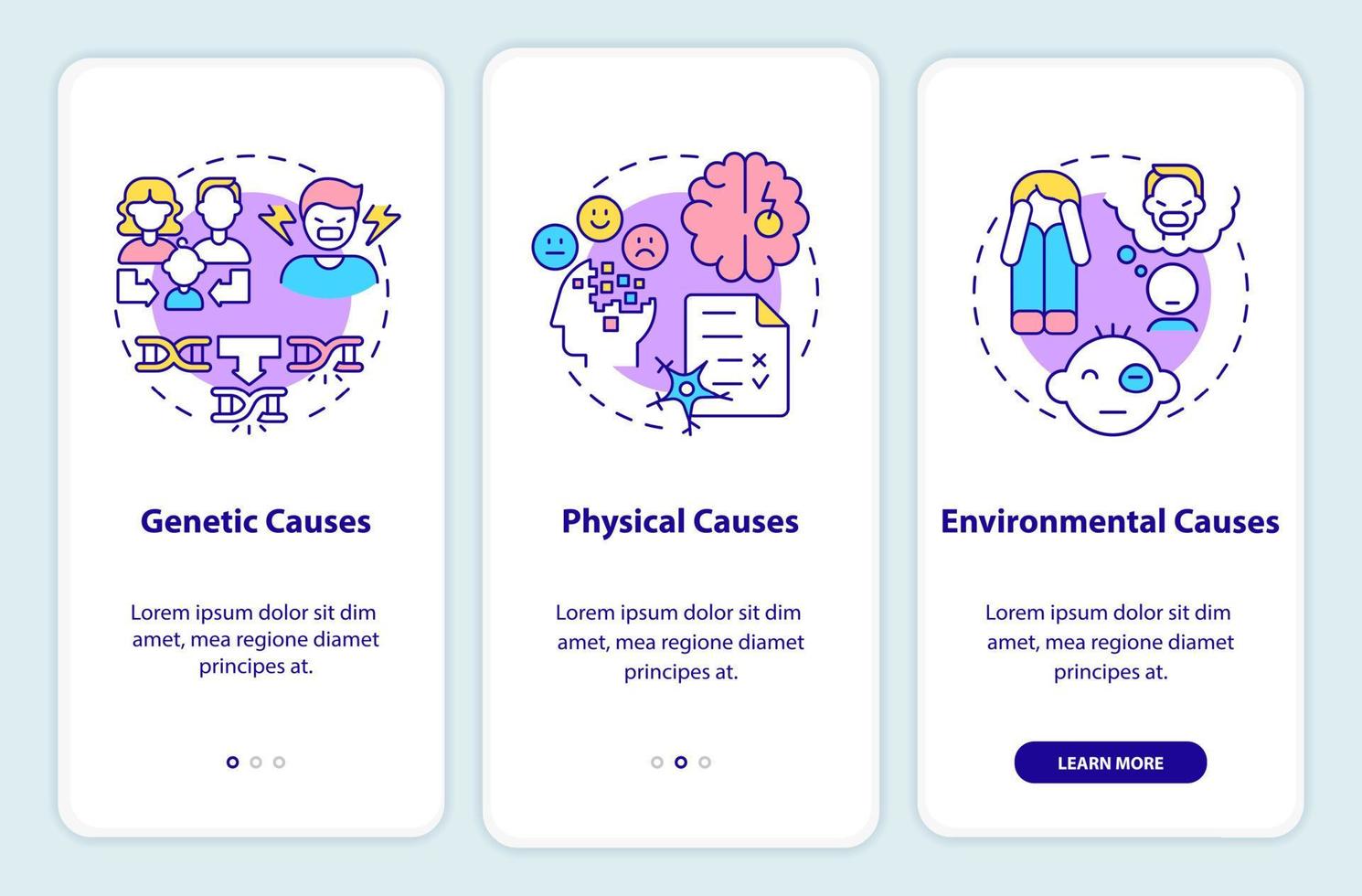 Conduct disorder causes onboarding mobile app screen. Mental issue. Walkthrough 3 steps graphic instructions pages with linear concepts. UI, UX, GUI template. vector