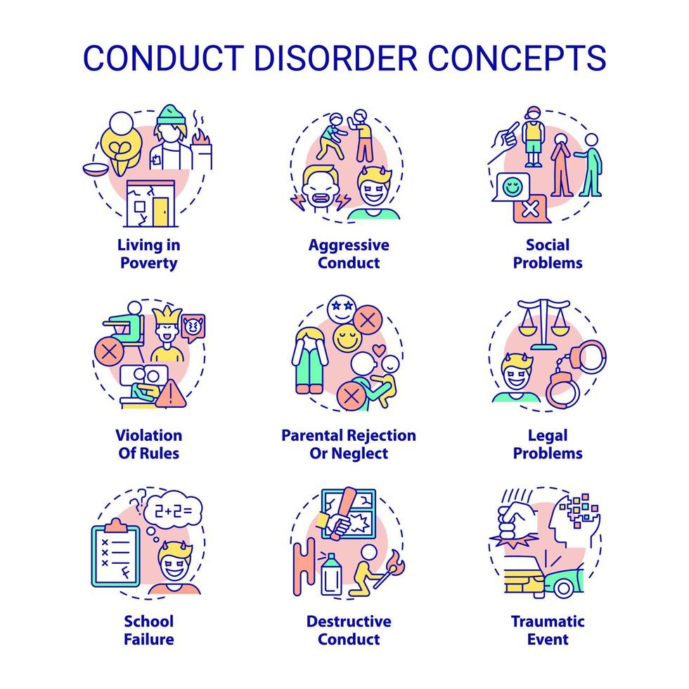 conjunto de iconos de concepto de trastorno de conducta. problema de salud mental. diagnóstico y tratamiento idea ilustraciones en color de línea delgada. símbolos aislados. trazo editable. vector