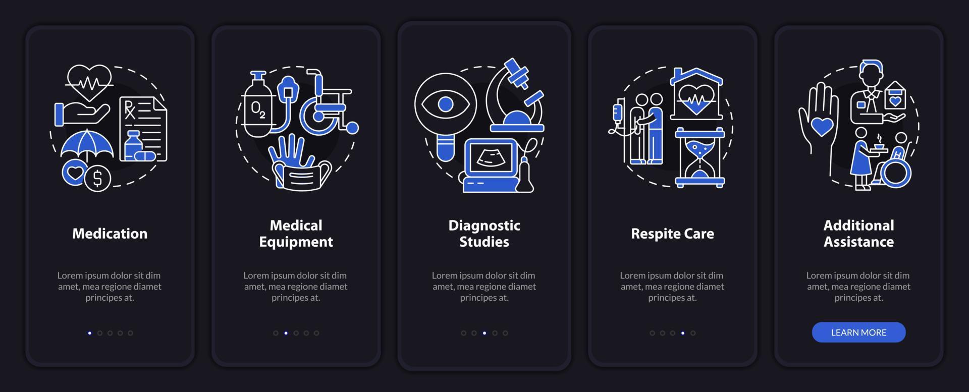 Hospice care provided services night mode onboarding mobile app screen. Walkthrough 5 steps graphic instructions pages with linear concepts. UI, UX, GUI template. vector