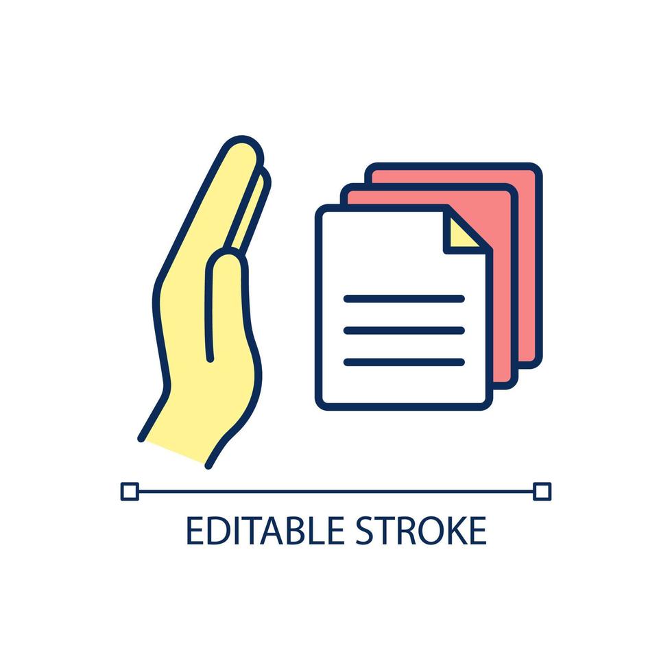 Decline documents RGB color icon. Papers inspection and analysis. Disagreement. Contract rejection. Isolated vector illustration. Simple filled line drawing. Editable stroke.
