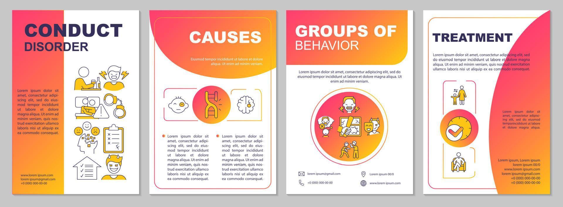 Conduct disorder red gradient brochure template. Causes and treatment. Leaflet design with linear icons. 4 vector layouts for presentation, annual reports.