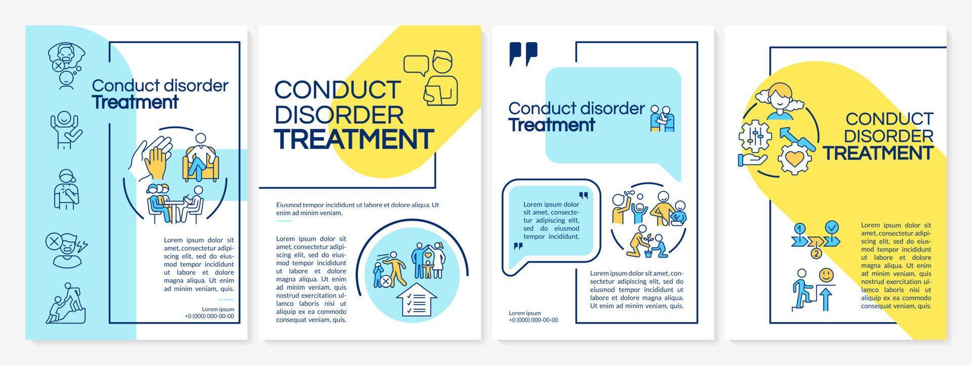 Conduct disorder treatment blue and yellow brochure template. Mental issue. Leaflet design with linear icons. 4 vector layouts for presentation, annual reports.