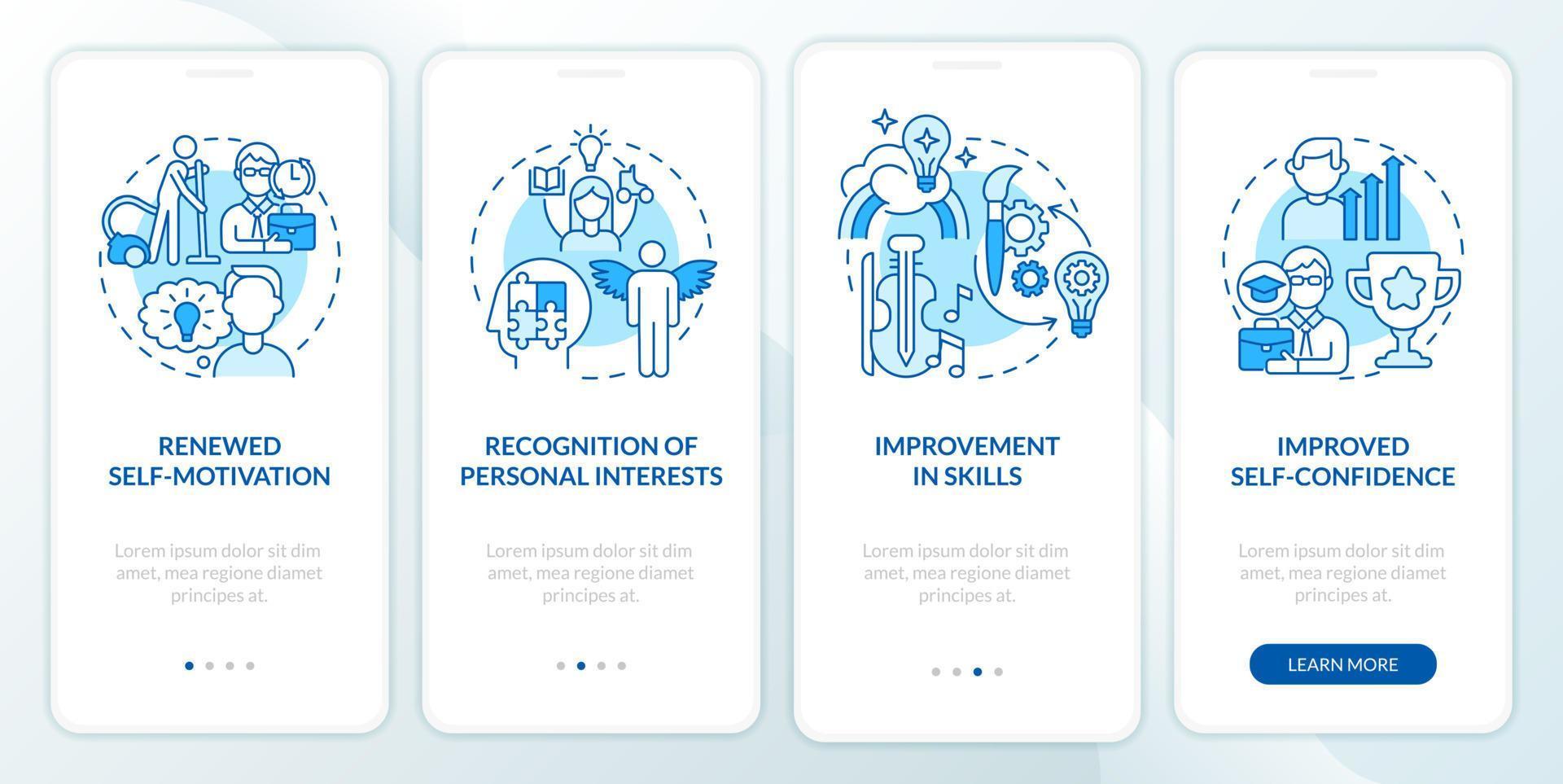 Lifelong learning benefits blue onboarding mobile app screen. Walkthrough 4 steps graphic instructions pages with linear concepts. UI, UX, GUI template. vector