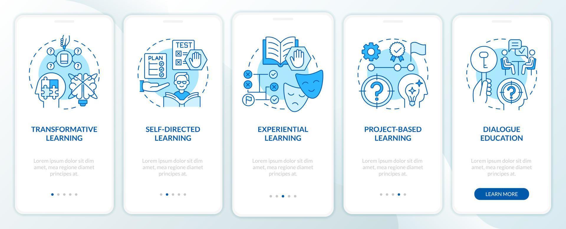 Adult education theories and forms blue onboarding mobile app screen. Walkthrough 5 steps graphic instructions pages with linear concepts. UI, UX, GUI template. vector