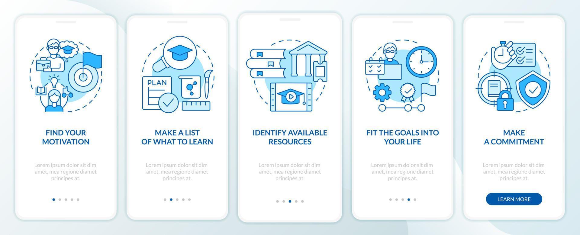 Adopting lifelong learning blue onboarding mobile app screen. Walkthrough 5 steps graphic instructions pages with linear concepts. UI, UX, GUI template. vector