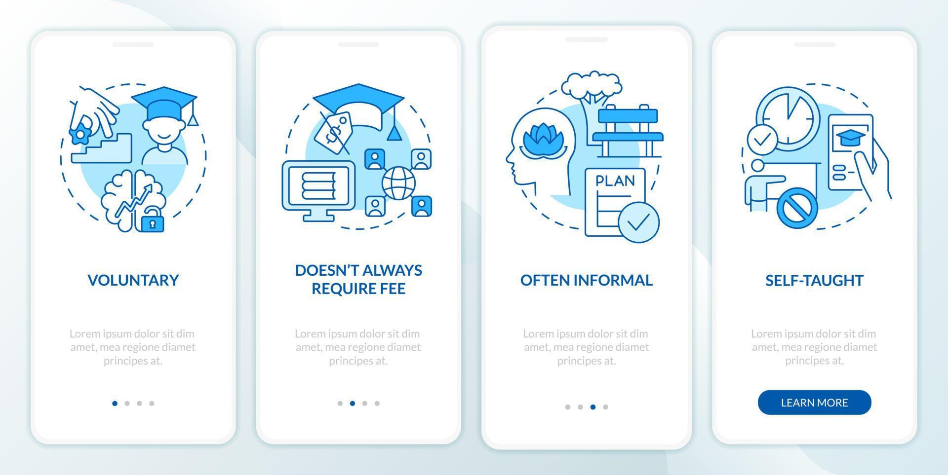 Lifelong learning characteristics blue onboarding mobile app screen. Walkthrough 4 steps graphic instructions pages with linear concepts. UI, UX, GUI template. vector