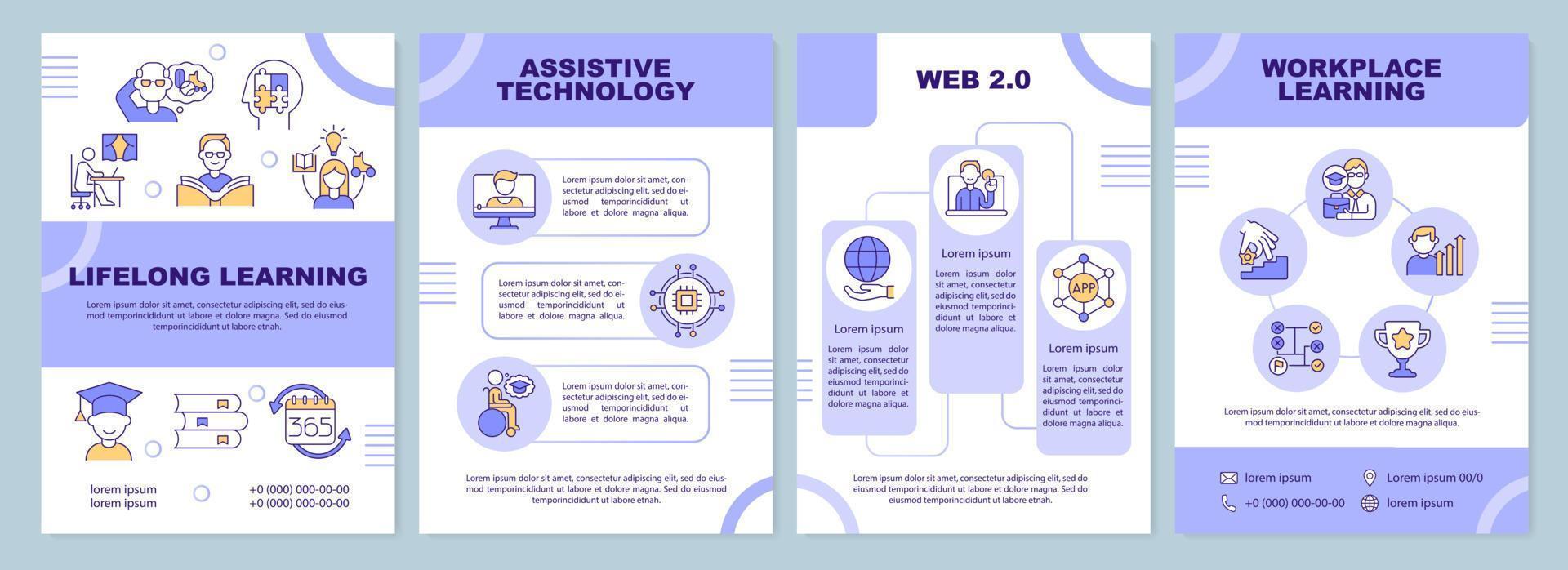 Lifelong learning technologies brochure template. Ongoing education. Leaflet design with linear icons. 4 vector layouts for presentation, annual reports.