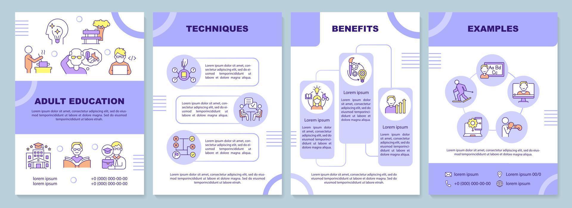 plantilla de folleto de educación de adultos. el aprendizaje permanente. diseño de folletos con iconos lineales. 4 diseños vectoriales para presentación, informes anuales. vector