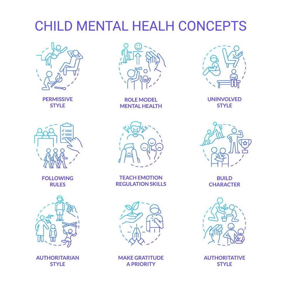 conjunto de iconos de concepto de gradiente azul de salud mental infantil. construir ilustraciones de color de línea delgada de idea de personaje. Enseñar habilidades de regulación emocional. símbolos aislados. vector