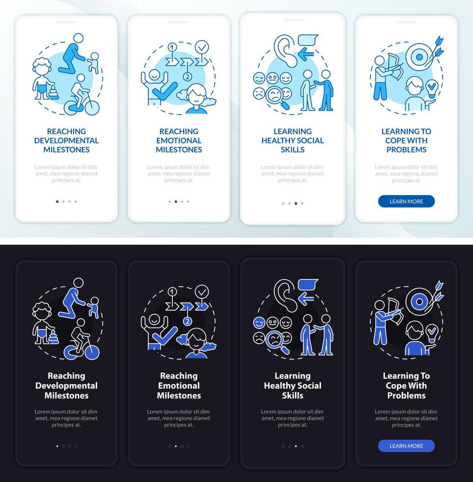 Children mental health night and day mode onboarding mobile app screen. Walkthrough 4 steps graphic instructions pages with linear concepts. UI, UX, GUI template. vector