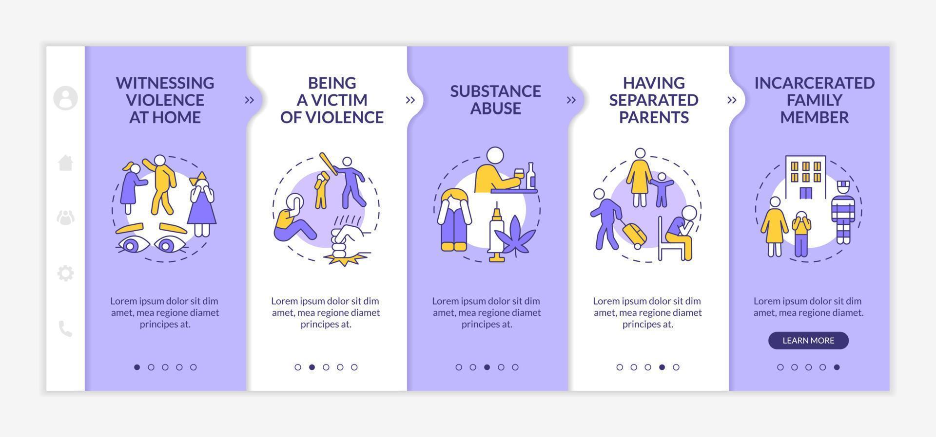 Survivors of childhood trauma purple and white onboarding template. Responsive mobile website with linear concept icons. Web page walkthrough 5 step screens. vector