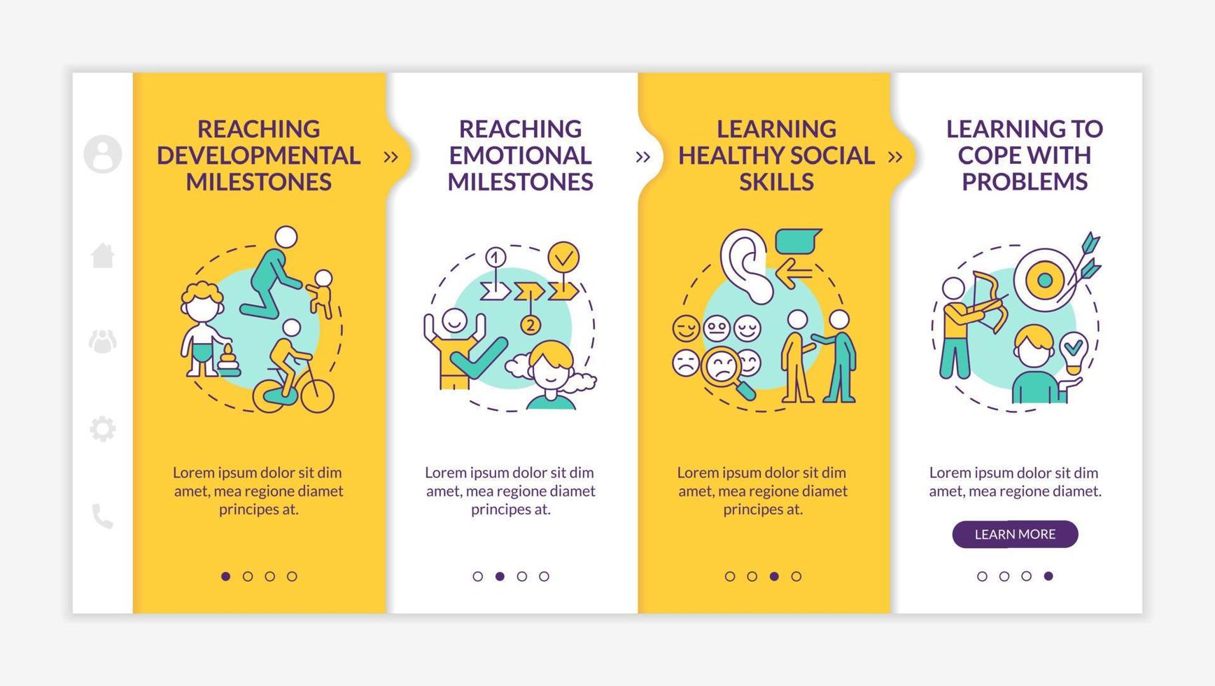 Mental health in childhood yellow onboarding template. Developmental milestone. Responsive mobile website with linear concept icons. Web page walkthrough 4 step screens. vector