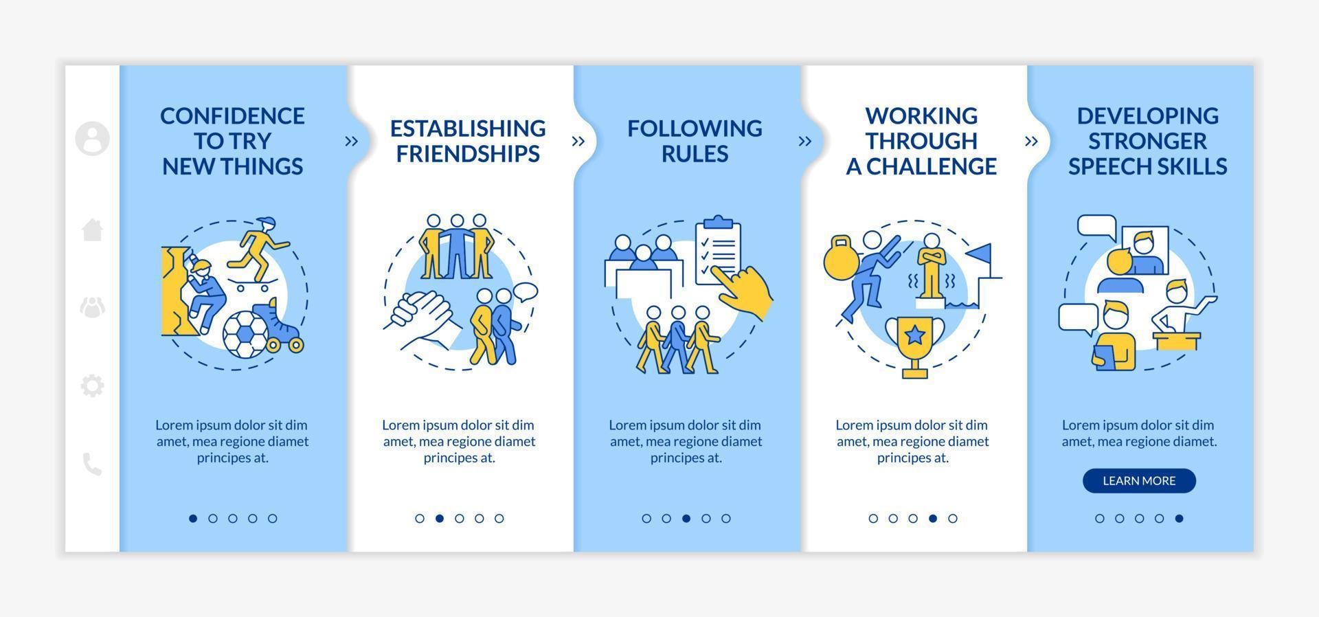 Signs of healthy child development blue and white onboarding template. Responsive mobile website with linear concept icons. Web page walkthrough 5 step screens. vector