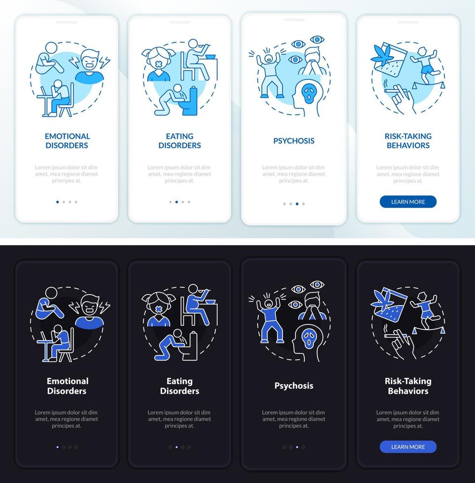 Teen mental disorders night and day mode onboarding mobile app screen. Walkthrough 4 steps graphic instructions pages with linear concepts. UI, UX, GUI template. vector