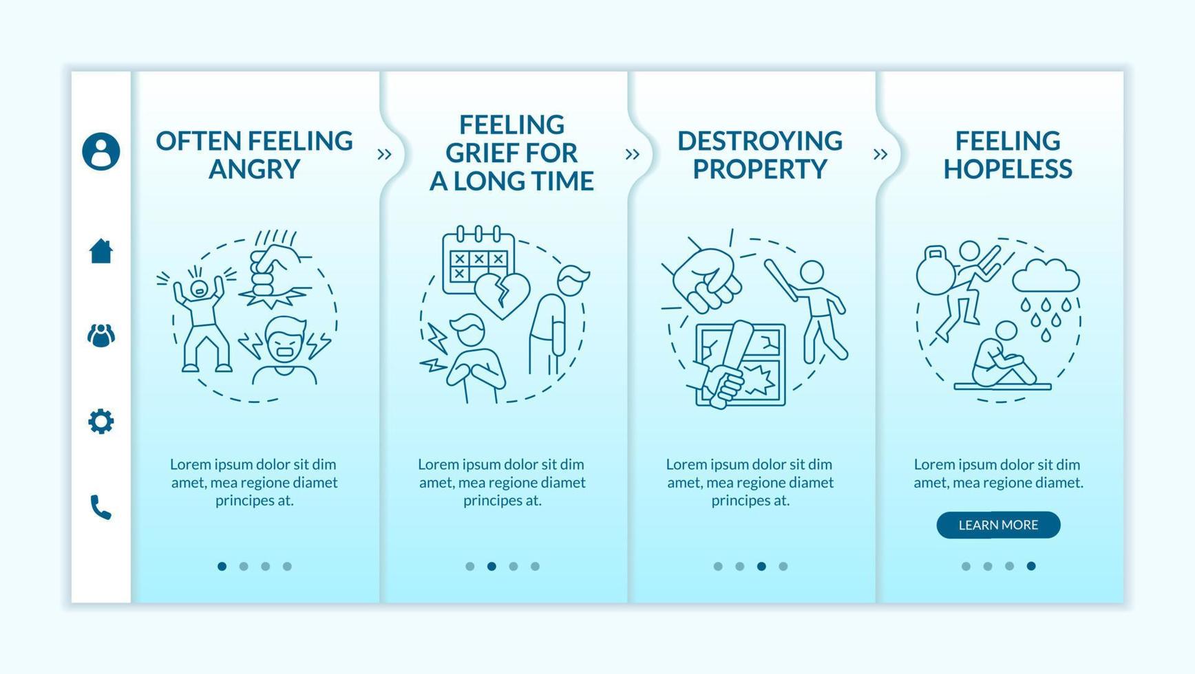 Teenage mental illness symptoms turquoise gradient onboarding template. Responsive mobile website with linear concept icons. Web page walkthrough 4 step screens. vector