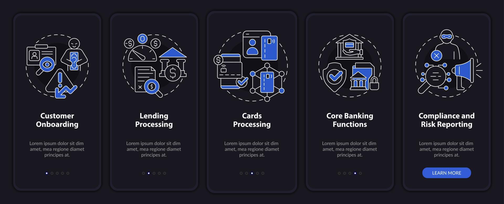 pantalla de aplicación móvil de incorporación de modo nocturno de banca automatizada. tutorial 5 pasos páginas de instrucciones gráficas con conceptos lineales. interfaz de usuario, ux, plantilla de interfaz gráfica de usuario. vector