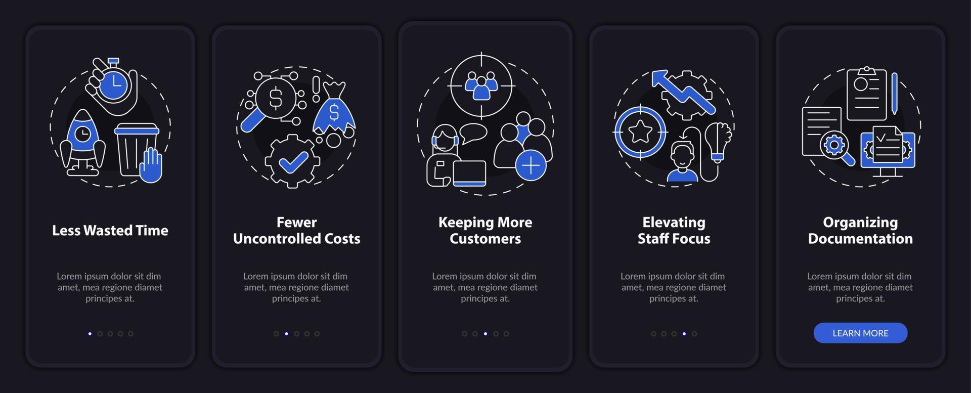 Benefits of BPA in banking night mode onboarding mobile app screen. Walkthrough 5 steps graphic instructions pages with linear concepts. UI, UX, GUI template. vector