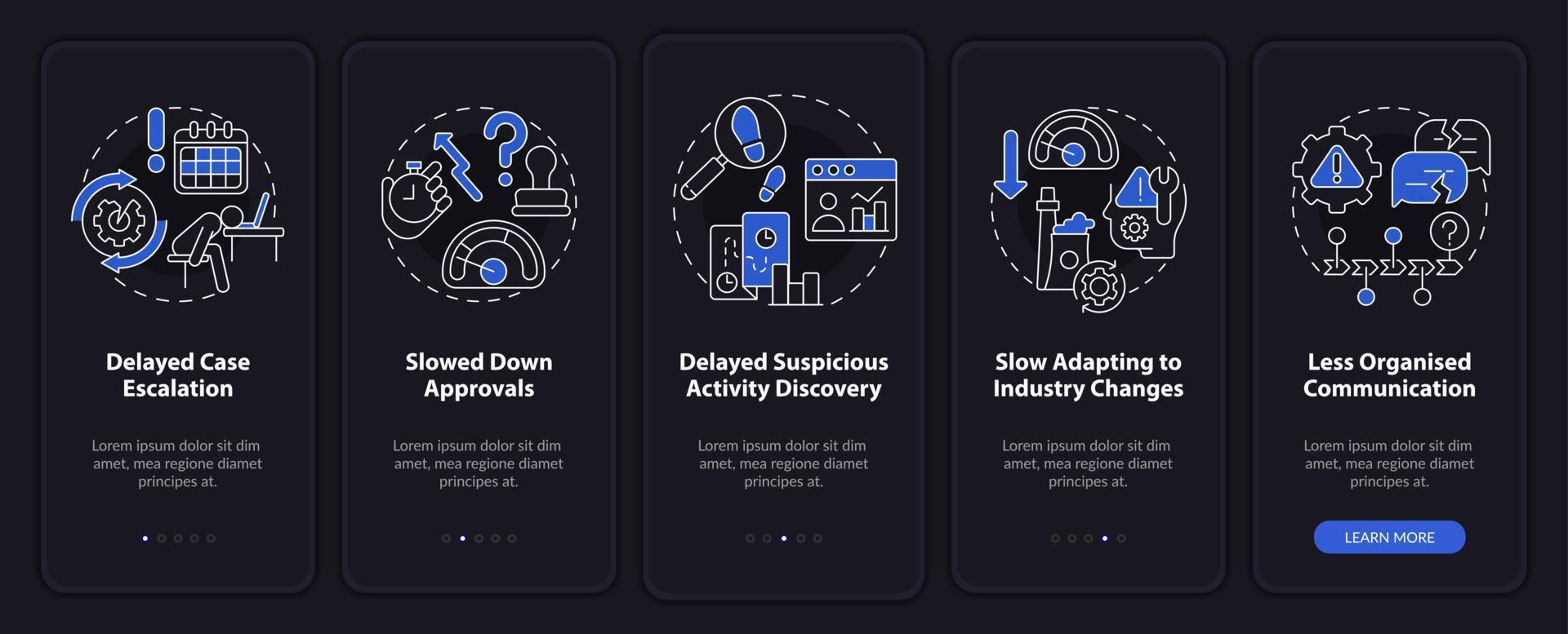 BPA challenges night mode onboarding mobile app screen. Tasks automation walkthrough 5 steps graphic instructions pages with linear concepts. UI, UX, GUI template. vector