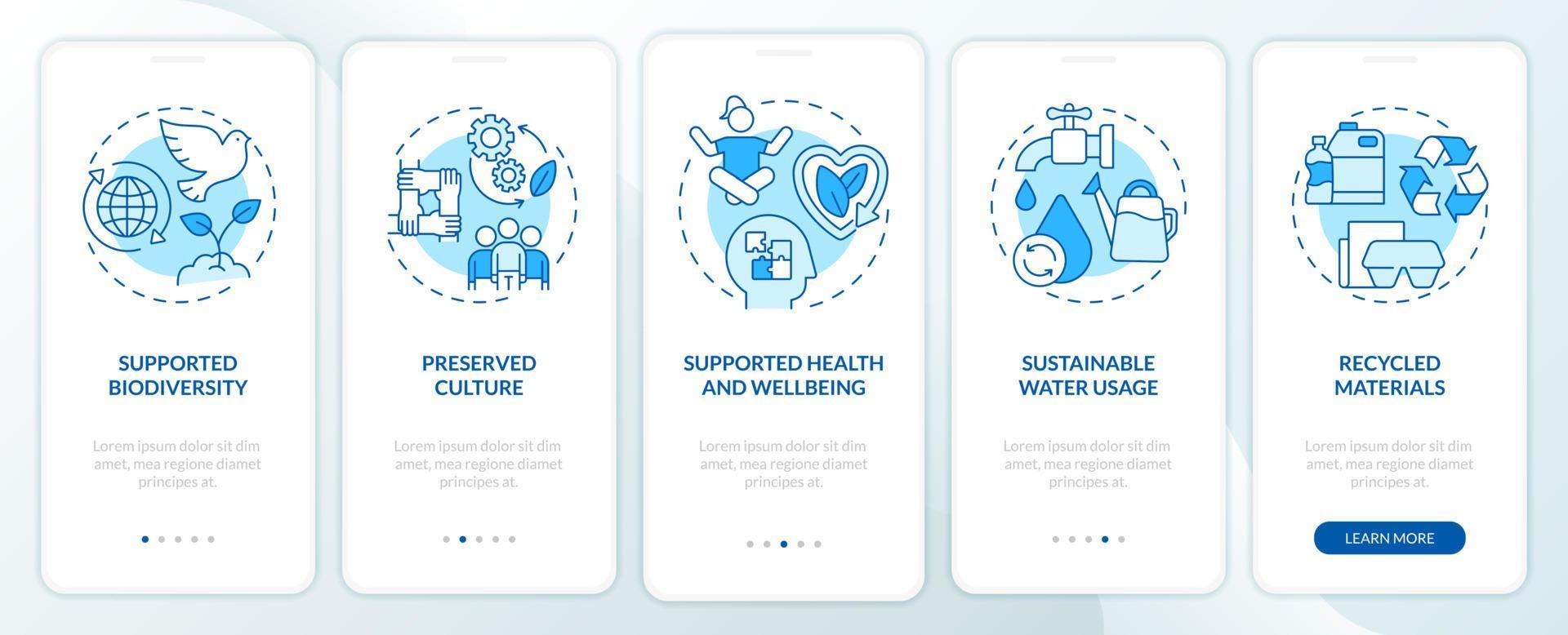 Circular economy foundations blue onboarding mobile app screen. Walkthrough 5 steps graphic instructions pages with linear concepts. UI, UX, GUI template. vector
