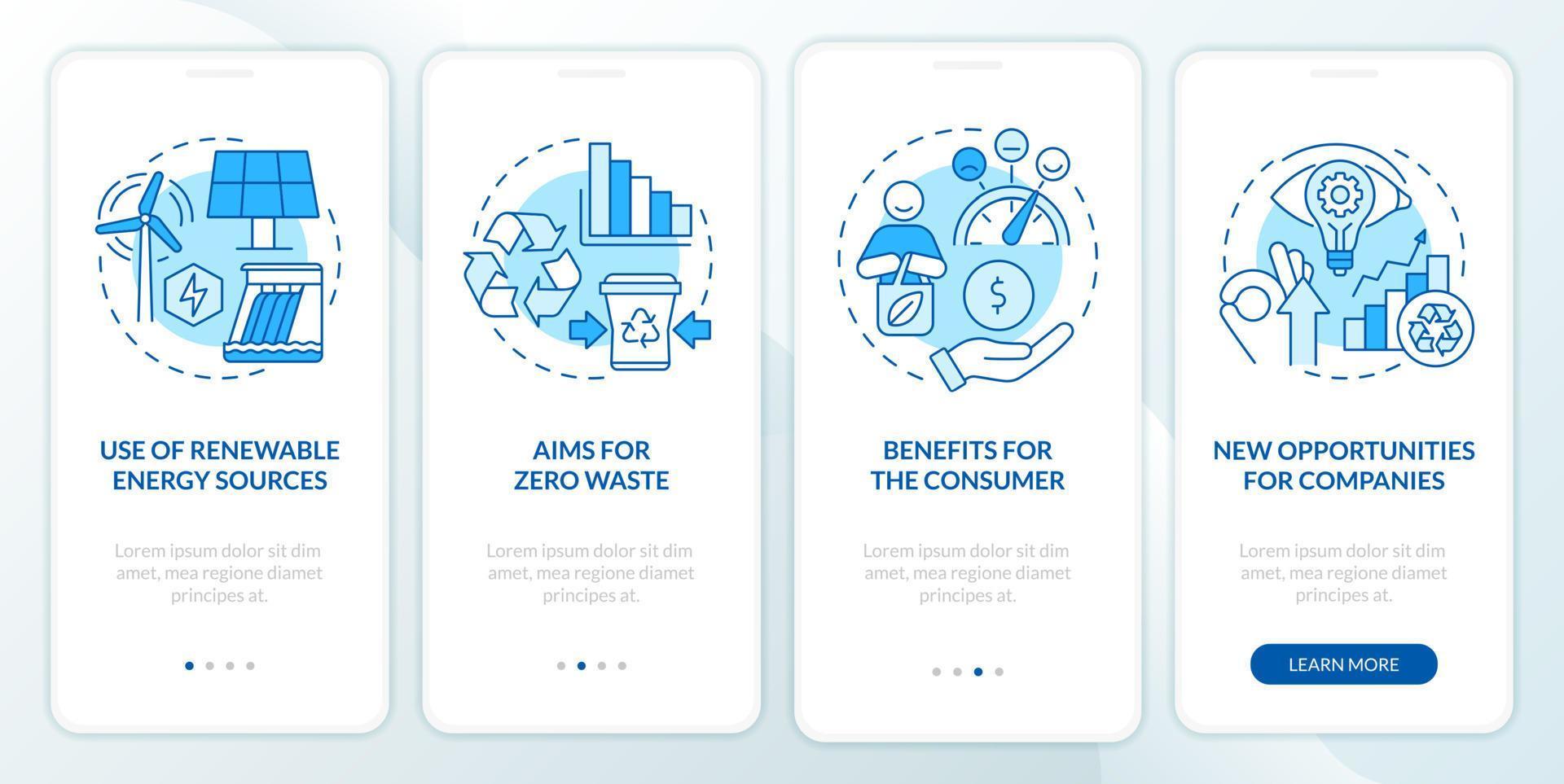 Circular economy advantages blue onboarding mobile app screen. Zero waste walkthrough 4 steps graphic instructions pages with linear concepts. UI, UX, GUI template. vector