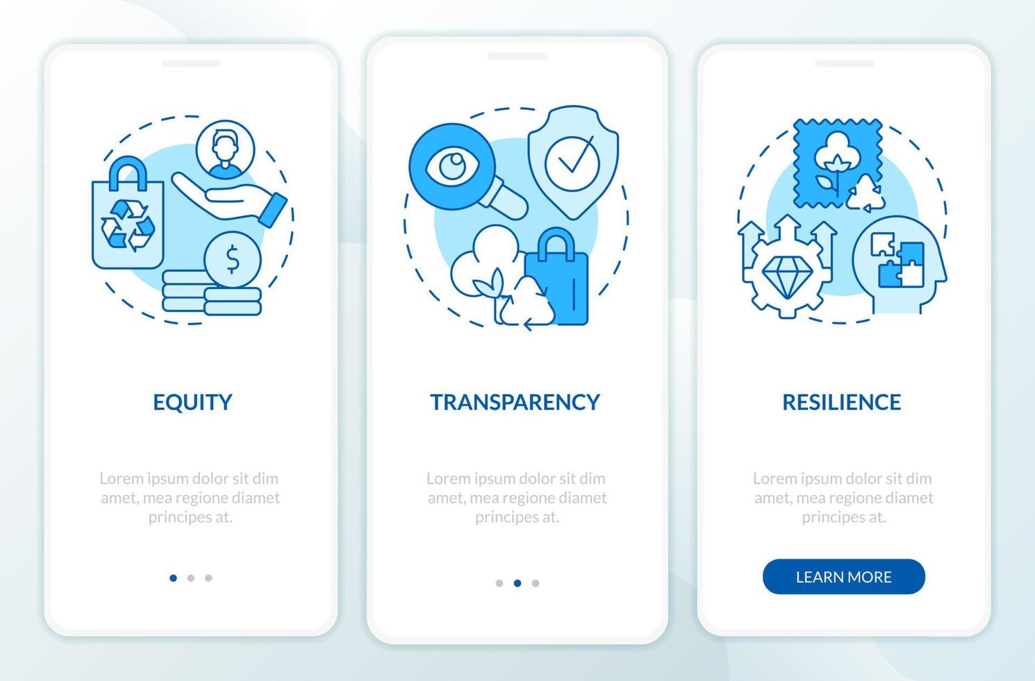 Circular economy emergent features blue onboarding mobile app screen. Walkthrough 3 steps graphic instructions pages with linear concepts. UI, UX, GUI template. vector