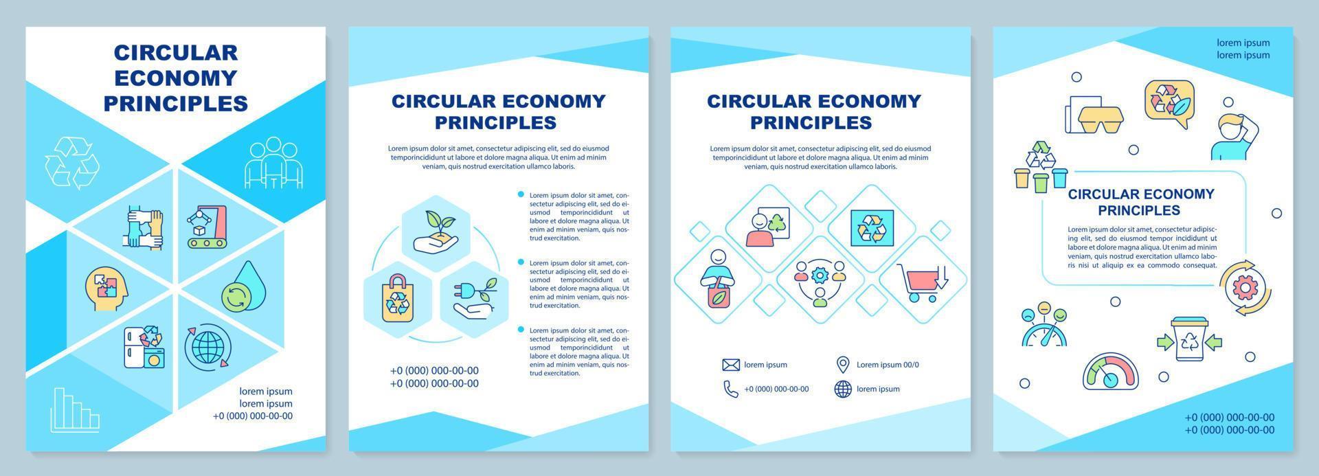 Plantilla de folleto turquesa de principios de economía circular. sostenibilidad. diseño de folletos con iconos lineales. 4 diseños vectoriales para presentación, informes anuales. vector