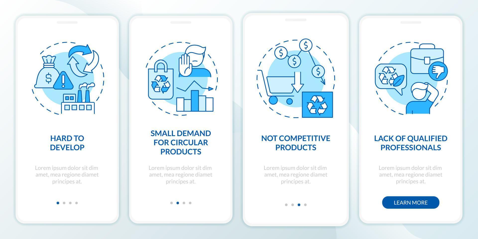 Circular economy disadvantages blue onboarding mobile app screen. Walkthrough 4 steps graphic instructions pages with linear concepts. UI, UX, GUI template. vector