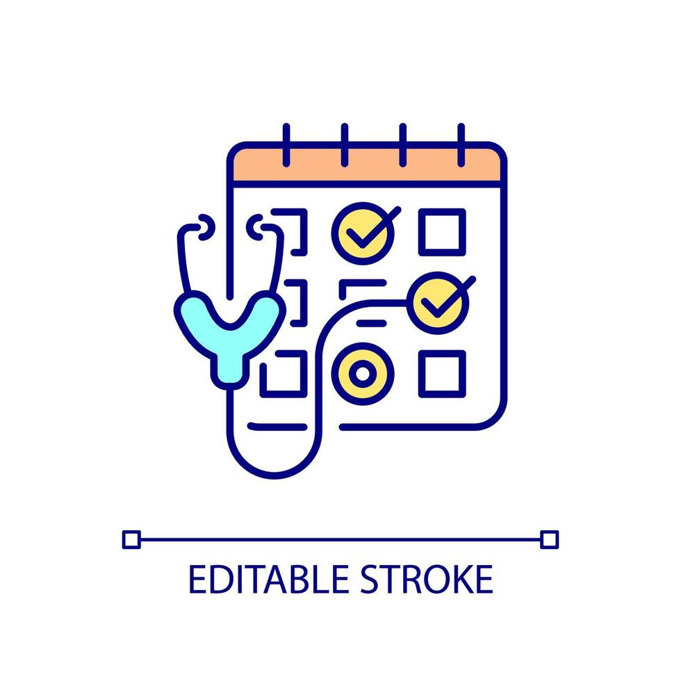 Regular medical checkup RGB color icon. Schedule with dates and stethoscope. Healthcare and patient service. Isolated vector illustration. Simple filled line drawing. Editable stroke.