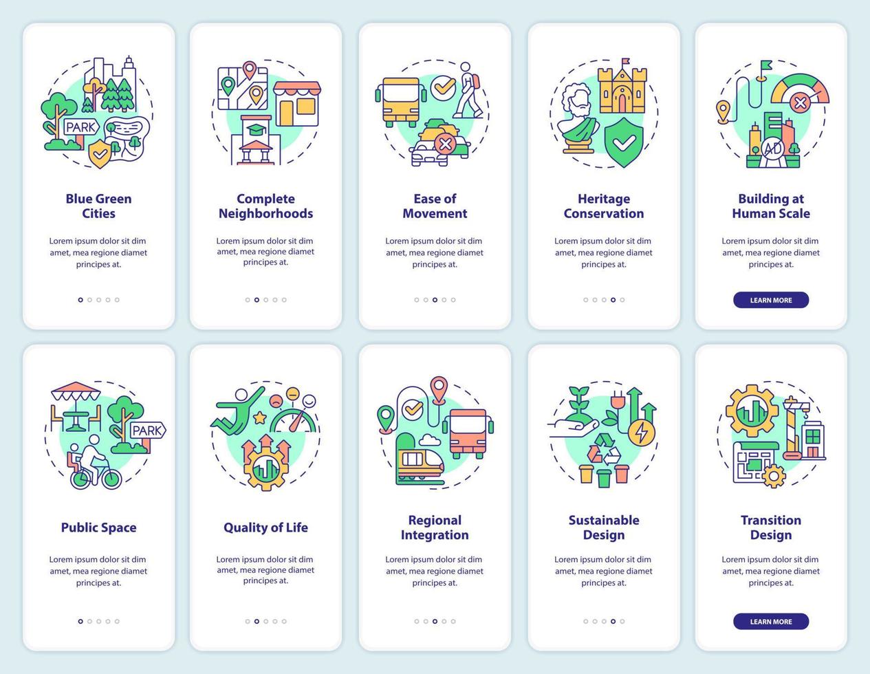 Urban planning onboarding mobile app screen set. City design walkthrough 5 steps graphic instructions pages with linear concepts. UI, UX, GUI template. vector