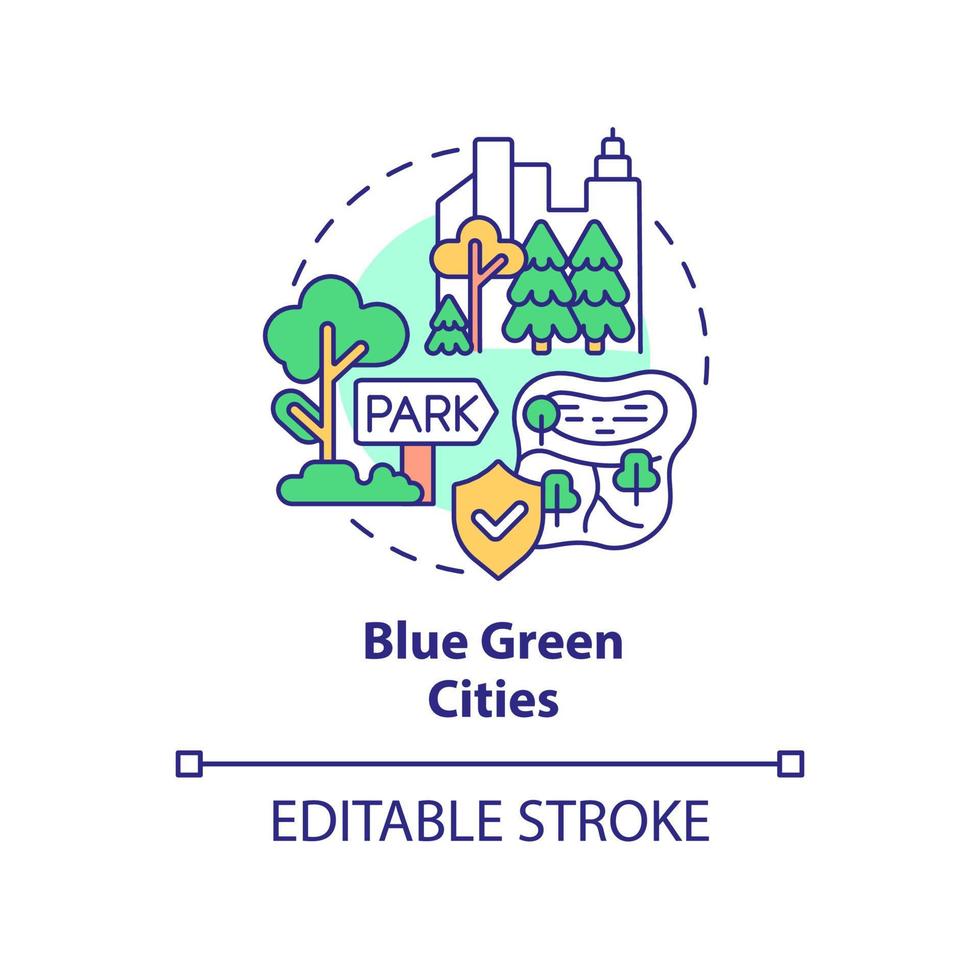 Blue green cities concept icon. Park and recreation area. Urban design principle abstract idea thin line illustration. Isolated outline drawing. Editable stroke. vector
