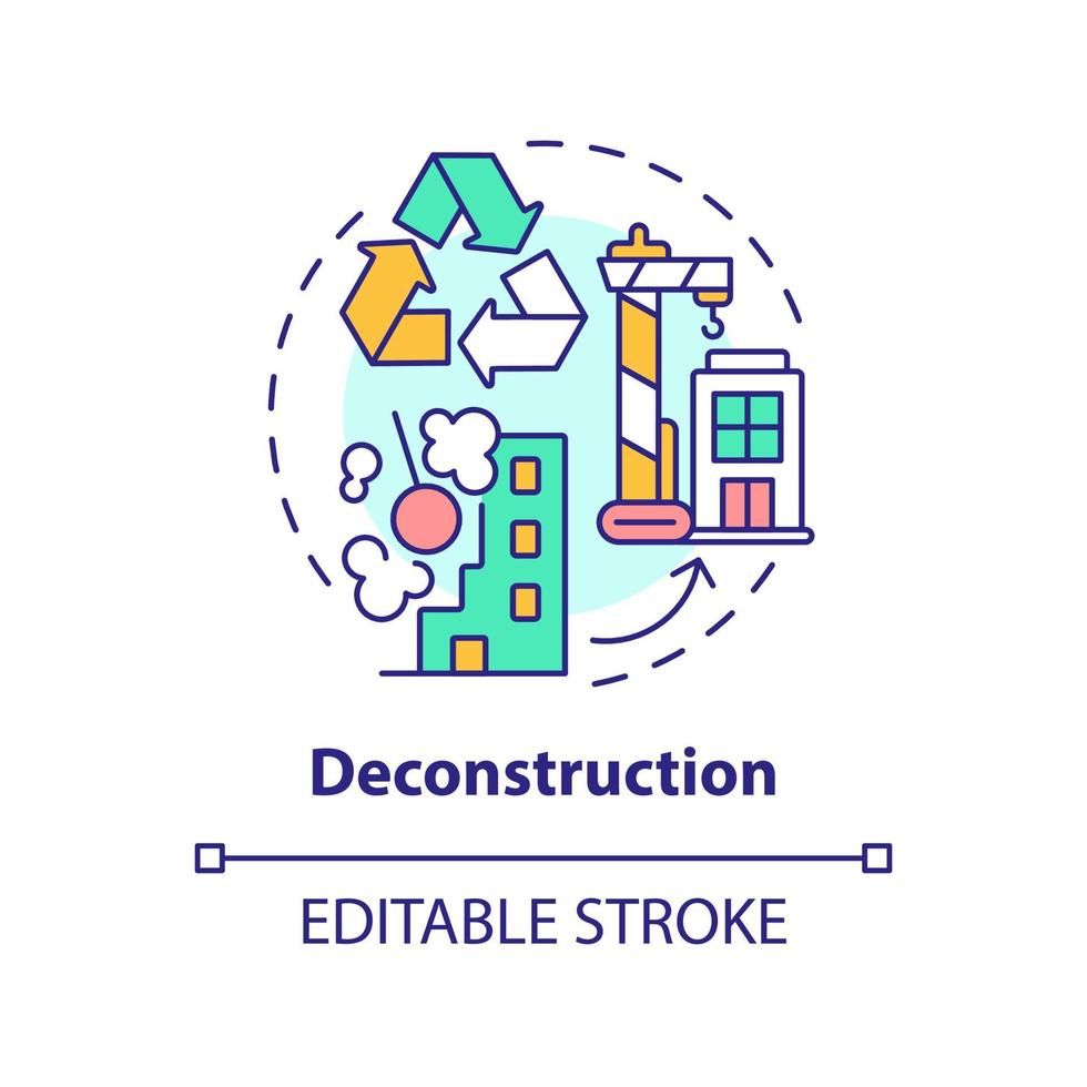 Deconstruction concept icon. Recycling and renovation. Sustainable city design abstract idea thin line illustration. Isolated outline drawing. Editable stroke. vector