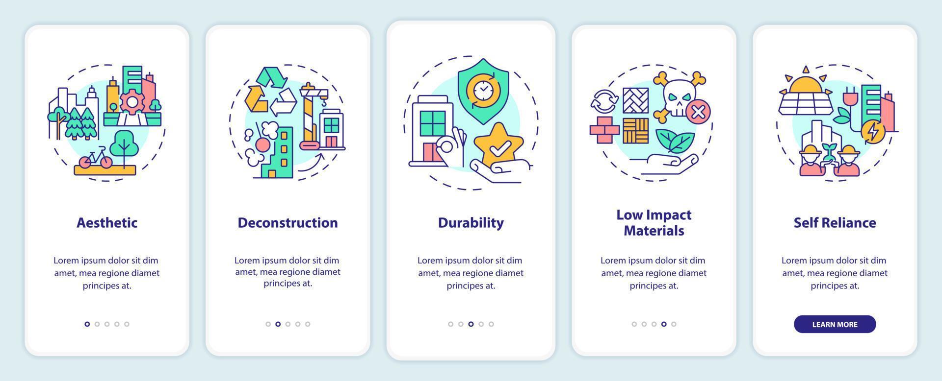 Sustainable city design onboarding mobile app screen. Urban planning walkthrough 5 steps graphic instructions pages with linear concepts. UI, UX, GUI template. vector