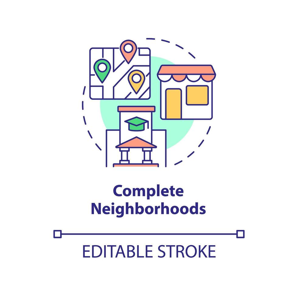 Complete neighborhoods concept icon. Optimized infrastructure. Urban design principle abstract idea thin line illustration. Isolated outline drawing. Editable stroke. vector