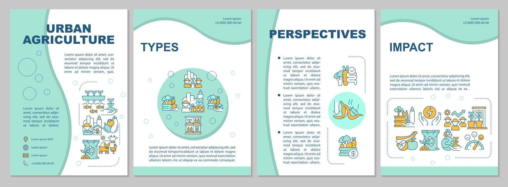 Urban agriculture mint brochure template. Cultivating food. Leaflet design with linear icons. 4 vector layouts for presentation, annual reports.