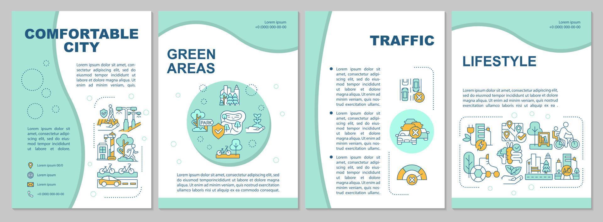 Comfortable cities mint brochure template. Urban design ideas. Leaflet design with linear icons. 4 vector layouts for presentation, annual reports.