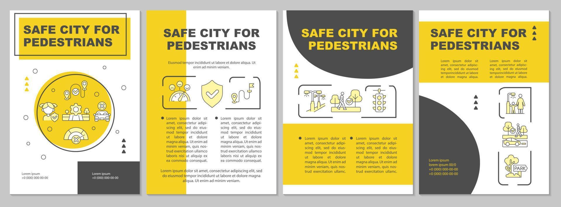 Pedestrian safety in city yellow brochure template. Urban planning. Leaflet design with linear icons. 4 vector layouts for presentation, annual reports.