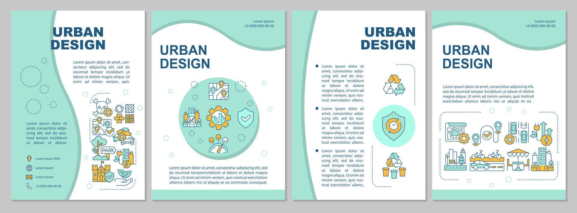 Urban design mint brochure template. City planning and development. Leaflet design with linear icons. 4 vector layouts for presentation, annual reports.