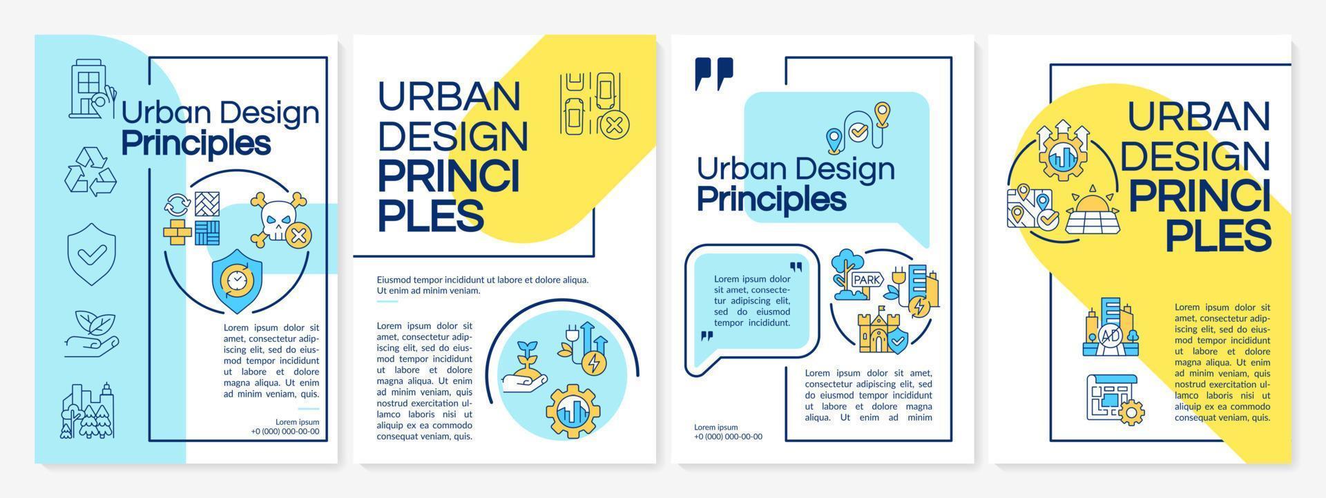 Urban design principles blue and yellow brochure template. Comfortable city. Leaflet design with linear icons. 4 vector layouts for presentation, annual reports.