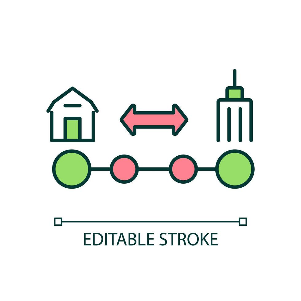 Urban and rural areas RGB color icon. Countryside and metropolis distance. Downtown skyscraper. Isolated vector illustration. Simple filled line drawing. Editable stroke.