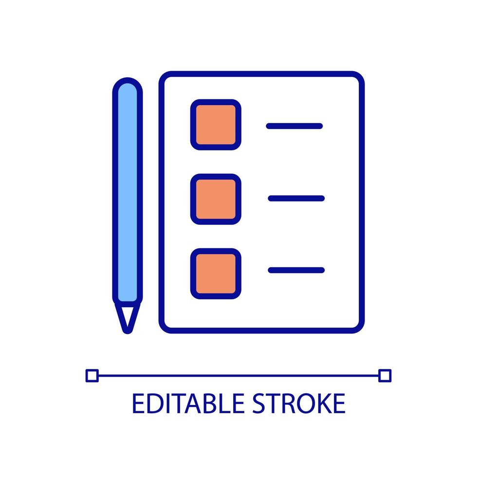 Voting ballot with pen RGB color icon. Election procedure. Making decisions. Sample ballot with pencil. Isolated vector illustration. Simple filled line drawing. Editable stroke.