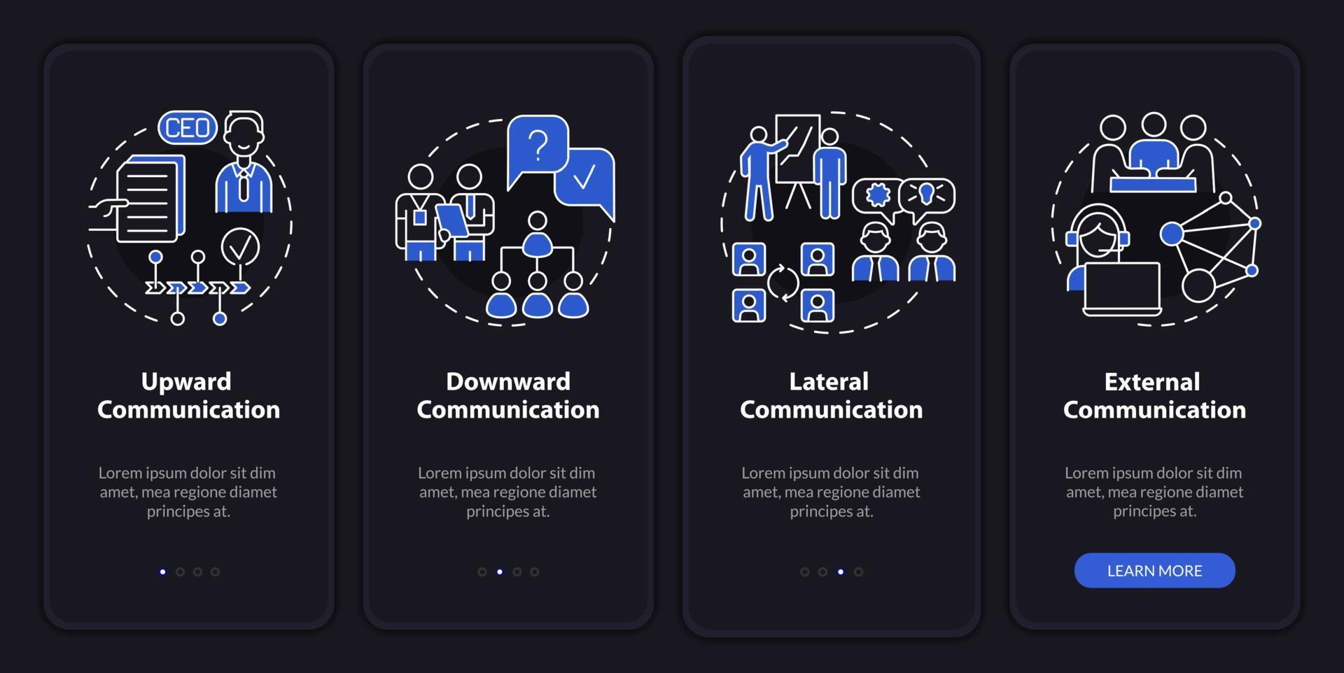 Professional communication types night mode onboarding mobile app screen. Walkthrough 4 steps graphic instructions pages with linear concepts. UI, UX, GUI template. vector
