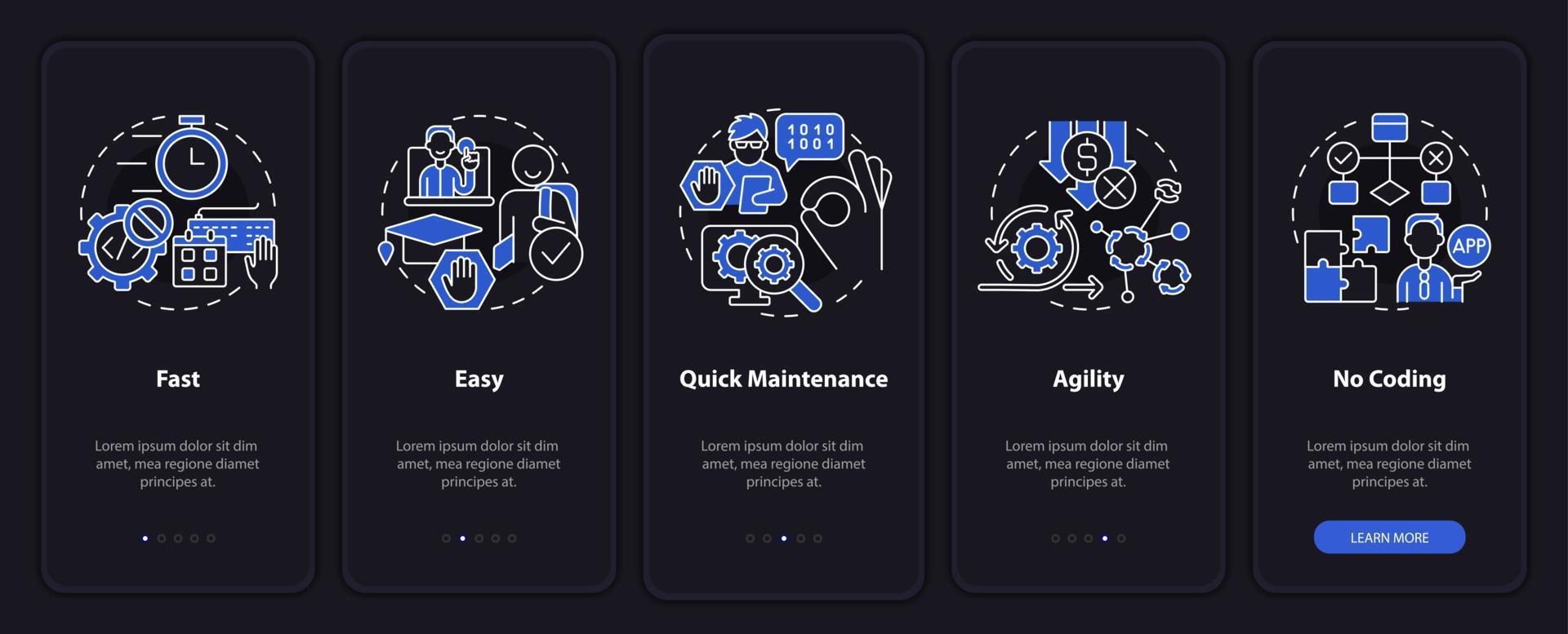 ventajas del modo nocturno sin código al incorporar la pantalla de la aplicación móvil. web 3 0 tutorial 5 pasos páginas de instrucciones gráficas con conceptos lineales. interfaz de usuario, ux, plantilla de interfaz gráfica de usuario. vector