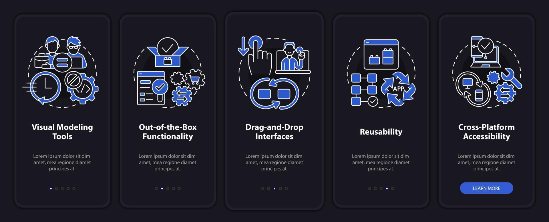 Las plataformas de código bajo cuentan con la pantalla de la aplicación móvil incorporada en modo nocturno. Web tutorial 5 pasos páginas de instrucciones gráficas con conceptos lineales. interfaz de usuario, ux, plantilla de interfaz gráfica de usuario. vector