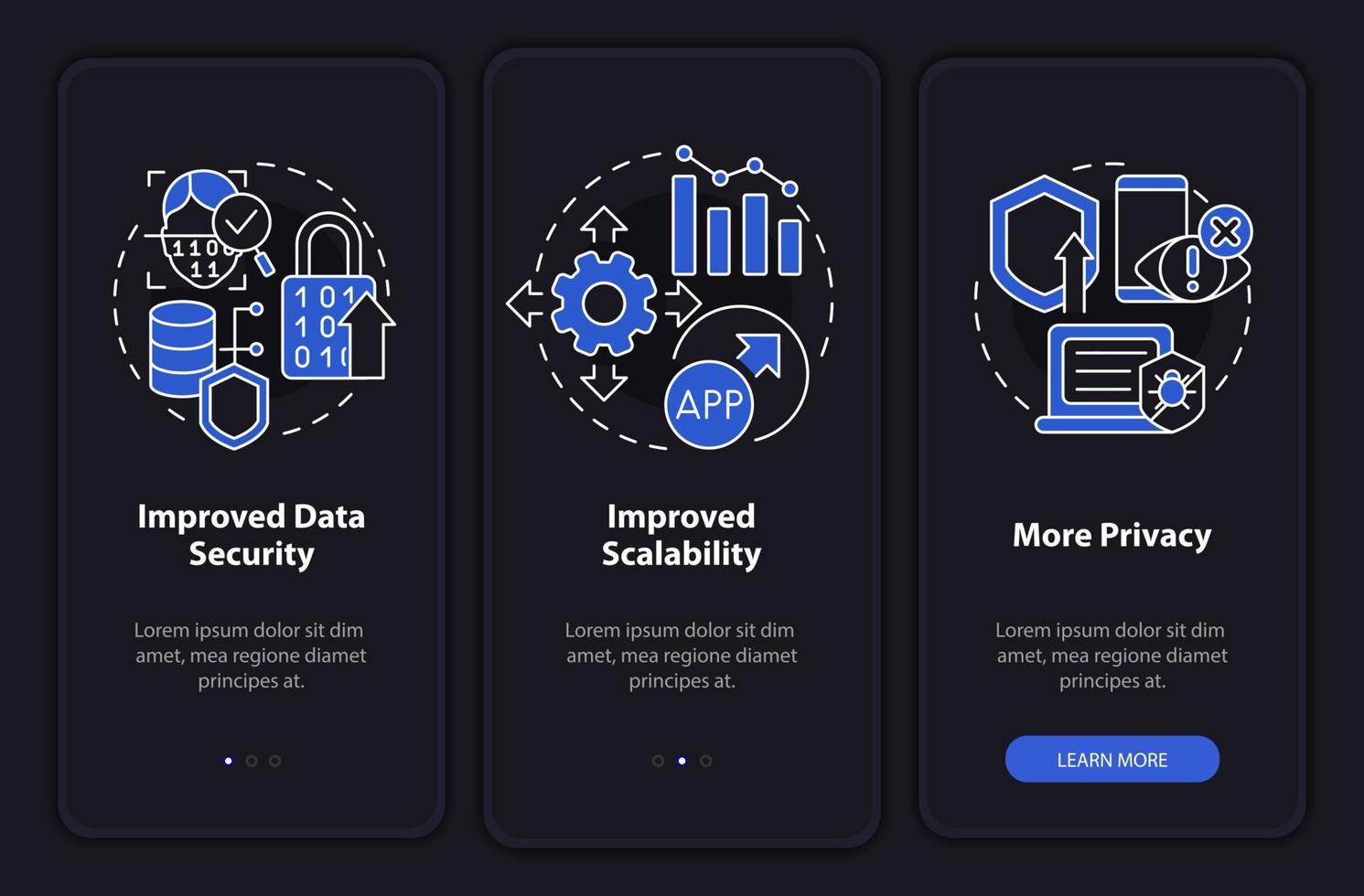 Web 3 0 benefits night mode onboarding mobile app screen. No code option walkthrough 3 steps graphic instructions pages with linear concepts. UI, UX, GUI template. vector