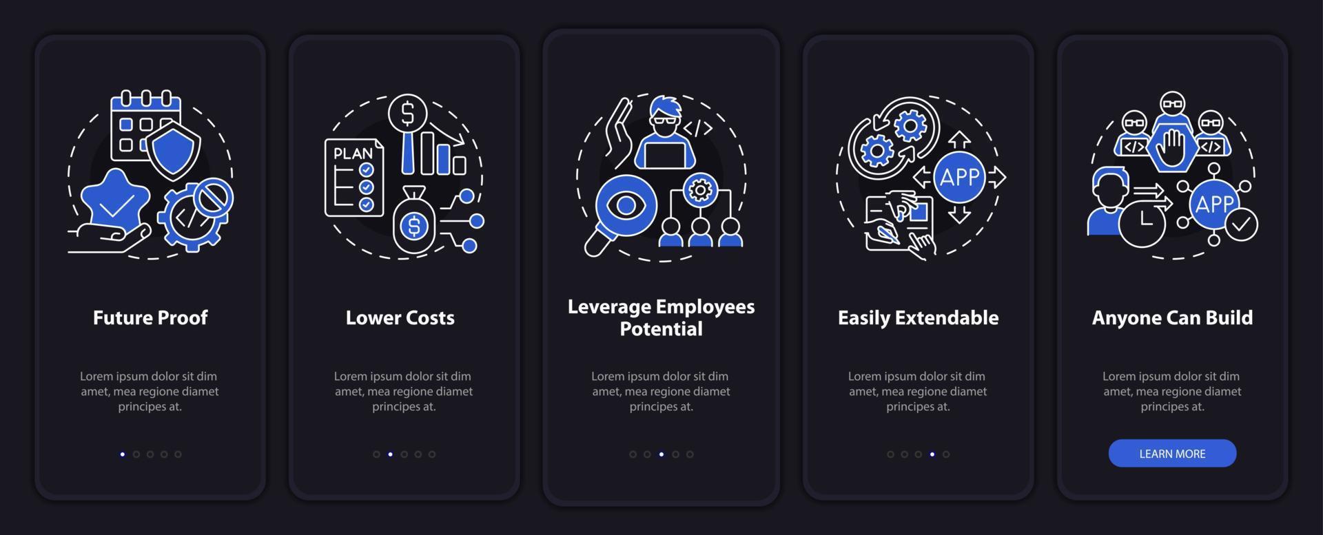 Benefits of no code night mode onboarding mobile app screen. Web 3 0 walkthrough 5 steps graphic instructions pages with linear concepts. UI, UX, GUI template. vector