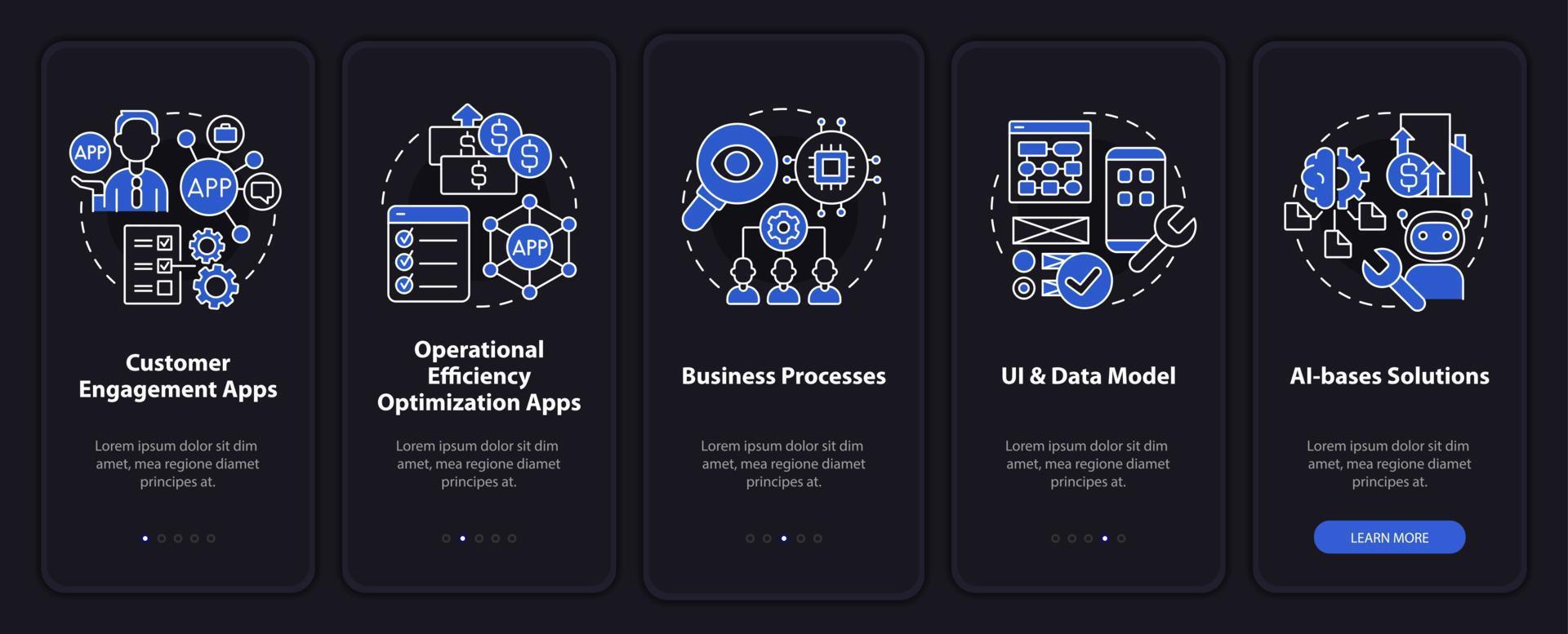 Apps created with low code night mode onboarding mobile app screen. Web walkthrough 5 steps graphic instructions pages with linear concepts. UI, UX, GUI template. vector