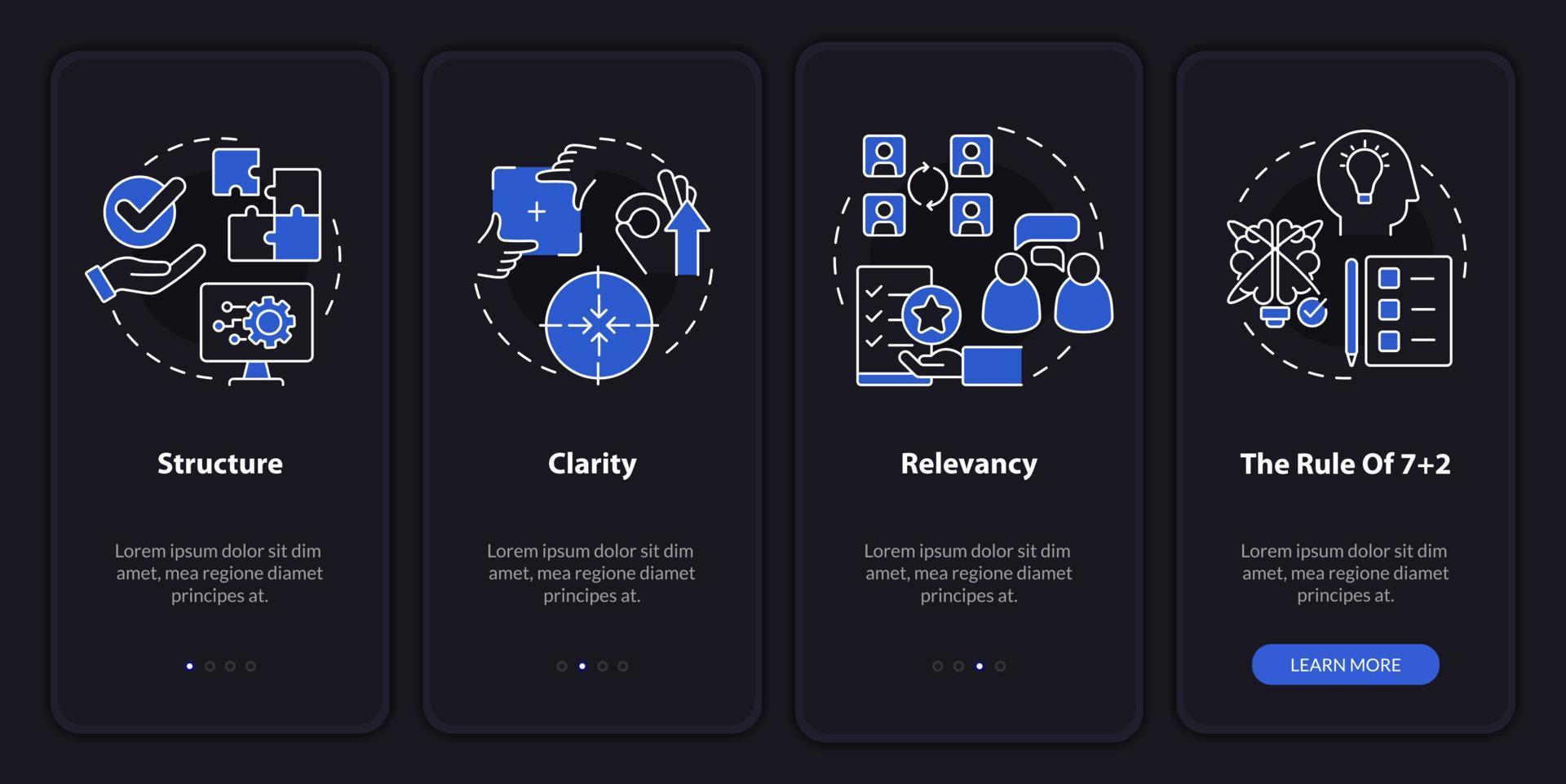 pantalla de la aplicación móvil de incorporación del modo nocturno esencial para la interacción comercial. tutorial 4 pasos páginas de instrucciones gráficas con conceptos lineales. interfaz de usuario, ux, plantilla de interfaz gráfica de usuario. vector