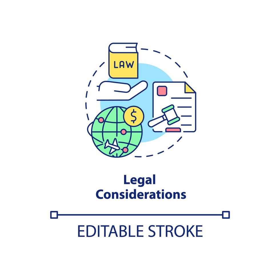 icono del concepto de consideraciones legales. regulaciones internacionales. consejos de negocios de exportación idea abstracta ilustración de línea delgada. dibujo de contorno aislado. vector