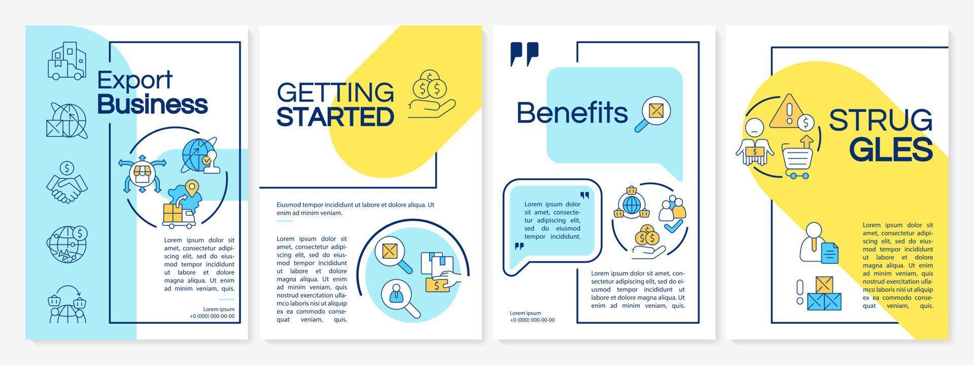 Trading abroad blue and yellow brochure template. Exporting business Leaflet design with linear icons. 4 vector layouts for presentation, annual reports.