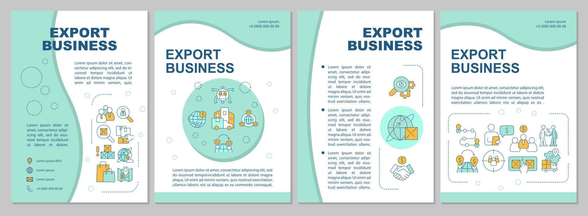 Export business mint brochure template. International sales. Leaflet design with linear icons. 4 vector layouts for presentation, annual reports.